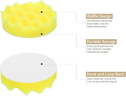 HARFINGTON 3pcs Buffing Sponge Pads 4" Polishing Wheel Waffle Finishing Grip Pad Car Buffer Polisher with Hook and Loop Back for Car Detailing Polishing Waxing, Yellow