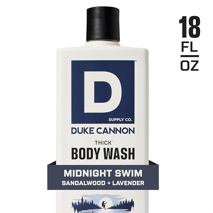 Duke Cannon Supply Co. Thick High Viscosity Body Wash - 3X Thicker, Plant-Based, Mineral-Enriched Body Wash for Men - Sandalwood and Lavender - Mens Body Scrub - Midnight Swim (18 oz) (Pack of 2)