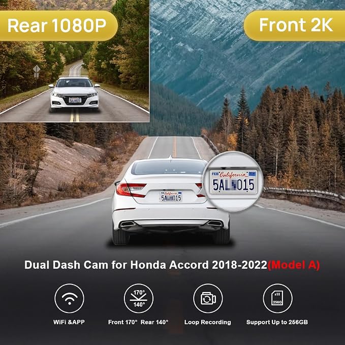 Fitcamx Front 2K+Rear 1080P Dash Cam Adapts for Honda Accord 2018-2022 Hybrid (Model A), Integrated OEM Look, Dual HD Video, WiFi & APP, Loop Recording, Gravity Sensor, Easy to Set, 64GB Card