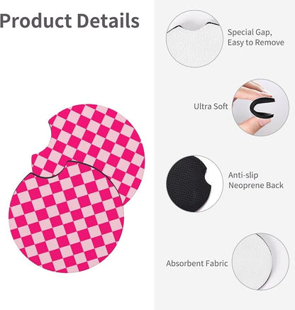Pink Checkered Steering Wheel Cover Checkered hot Pink Steering Wheel Cover of Wome Anti-Slip Breathable Universal 14-15 Inch Car with 2 Pcs Car Coasters Suitable Men Women