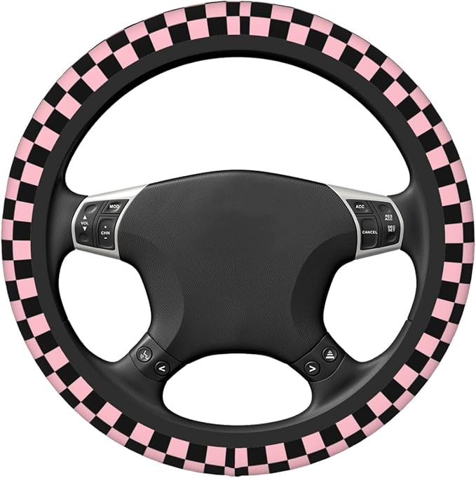 Pink and Black Checkered Steering Wheel Cover for Women, Universal Auto Steering Wheel 14-15 Inch Car Interior Accessories with 2PCS Car Coasters, Suitable for Men and Women