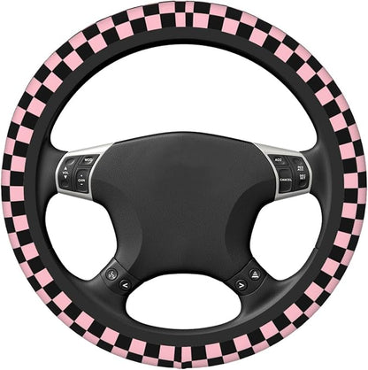 Pink and Black Checkered Steering Wheel Cover for Women, Universal Auto Steering Wheel 14-15 Inch Car Interior Accessories with 2PCS Car Coasters, Suitable for Men and Women