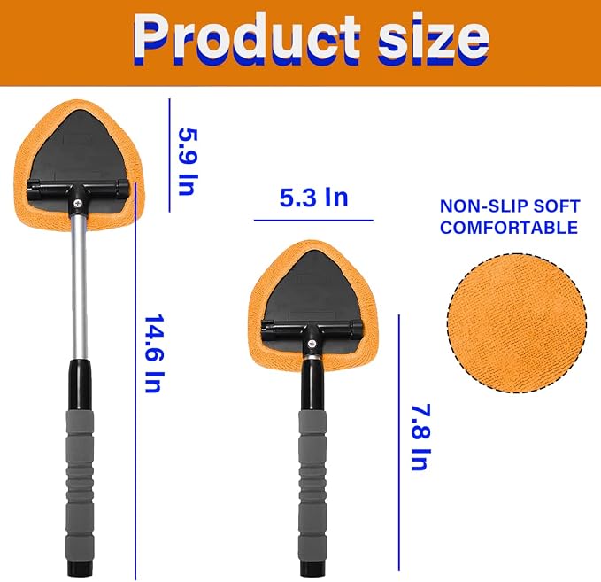 Windshield Cleaning Tool, Car Window Cleaner with 4 Washable Reusable Microfiber Pads, Extendable Long Handle Glass Wiper Cleaning Kit, Auto Accessories Universal for Office and Home (Orange)