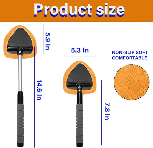 Windshield Cleaning Tool, Car Window Cleaner with 4 Washable Reusable Microfiber Pads, Extendable Long Handle Glass Wiper Cleaning Kit, Auto Accessories Universal for Office and Home (Orange)