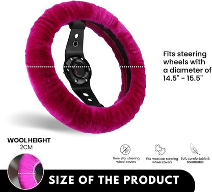 Andalus Brands Luxury Fluffy Car Steering Wheel Covers – Genuine Merino Sheepskin, Soft Fuzzy Car Steering Wheel Cover for Women, Universal 14.5-15" Size, Plush Fur Cute Auto Accessories, Hot Pink