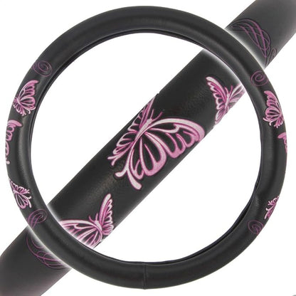 BDK Design Comfort Grip Steering Wheel Cover for Car SUV Van and Truck, 15 inch Standard Size, Pink Butterflies