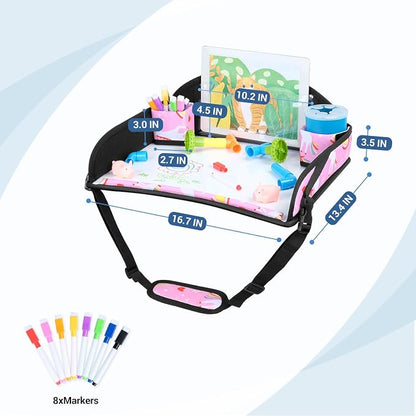COOLBEBE Kids Travel Tray for Car Seat & Airplane, Toddler Lap Tray with Pen & ipad Stand, Portable Car Seat Table with Cup Holders & Raised Edges, Pink Unicorn, 2-Pack