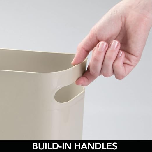 mDesign Plastic Small Trash Can, 1.5 Gallon/5.7-Liter Wastebasket, Narrow Garbage Bin with Handles for Bathroom, Laundry, Home Office - Taupe