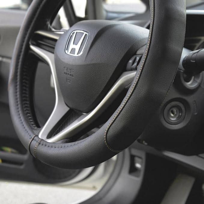 Motor Trend GripDrive Faux Black Leather Steering Wheel Cover for Car Truck Van SUV, Small 14 inch Size, Beige Accent Stitched Car Steering Wheel Cover Vehicle & Auto Accessories