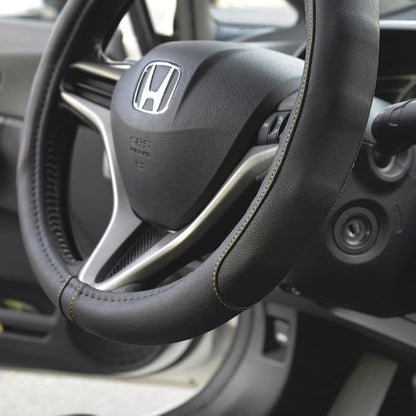 Motor Trend GripDrive Faux Black Leather Steering Wheel Cover for Car Truck Van SUV, Small 14 inch Size, Beige Accent Stitched Car Steering Wheel Cover Vehicle & Auto Accessories