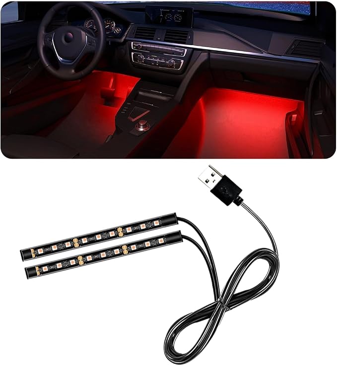 povtii Car LED Strip Light, 24 LED RGB Auto Under Dash Interior Atmosphere Lights, USB Vehicle Decorative Lamp Ambient Night Light Strip, Lighting Kit Car Accessories (Red)