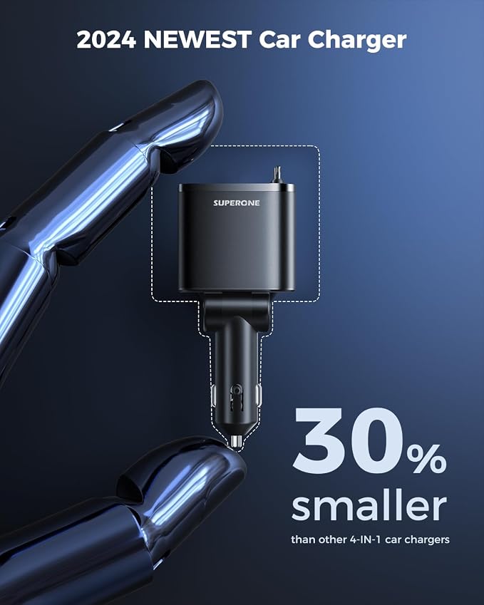 SUPERONE Smaller 4 in 1 Retractable Car Charger with Dual Type C Cords, 69W Fast Retractable USB C Car Charger, Car Accessories Car Chargers for iPhone 17 16 15 14 13 12 Galaxy Pixel