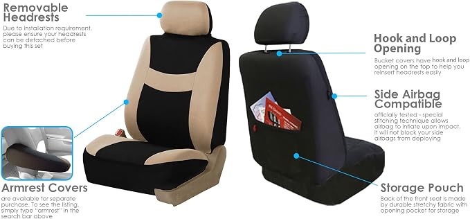 FH Group Car Seat Covers Combo Full Set with Carpet Floor mats Steering Wheel Cover and Seat Belt Pads- Universal Fit for Cars Trucks and SUVs (Beige)