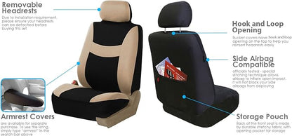 FH Group Car Seat Covers Combo Full Set with Carpet Floor mats Steering Wheel Cover and Seat Belt Pads- Universal Fit for Cars Trucks and SUVs (Beige)