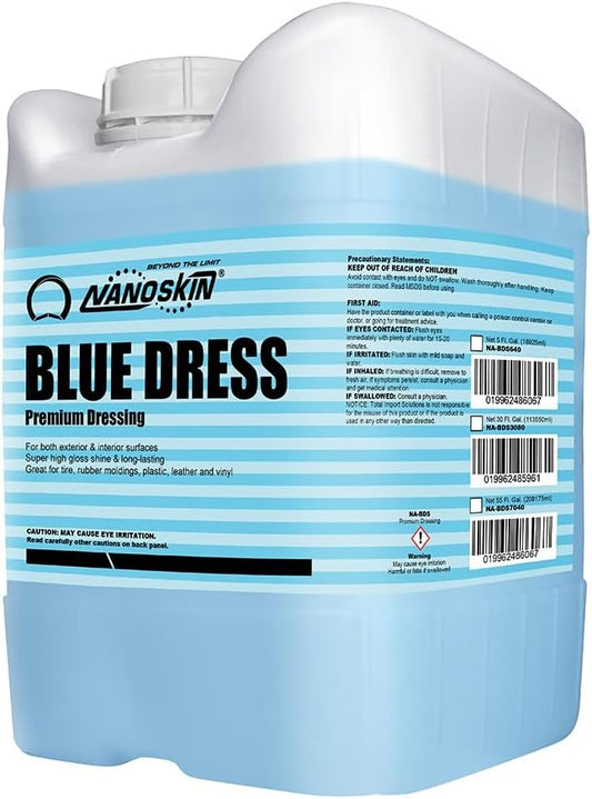Nanoskin BLUE DRESS Premium Dressing 5 Gallons- Sprayable Interior & Exterior| Works on Tire, Vinyl, Rubber, Plastic & Trim | Safe for Cars, Trucks, Motorcycles, RVs, Light Blue, 640 Fl Oz (Pack of 1)