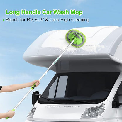 62'' Car Wash Brush with Long Handle Chenille Microfiber Car Wash Mop Mitt Kit Scratch-Free Car Cleaning Brush Care Kits with Replacement Head Supplies for Cars RV Truck Boat