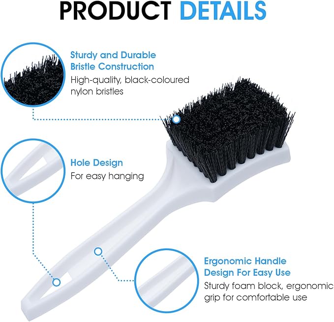 Nanoskin 3-Pack 8.5-Inch Deep Clean Stiff Scrub Brushes for Carpets & Floor Mats, Black Nylon - Pro Automotive Detailing, Home Carpet Scrubber, Easy Grip Handles, High-Performance Cleaning Accessories