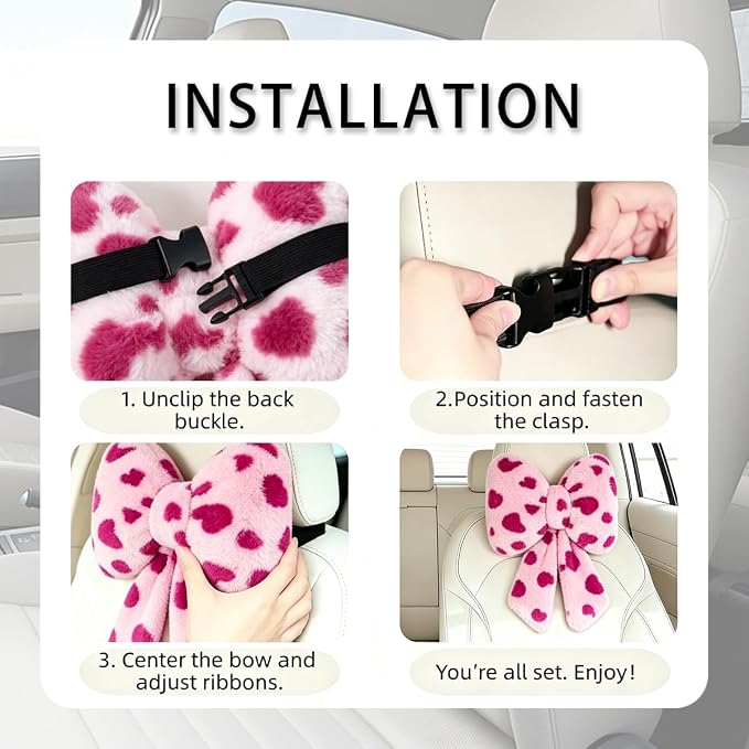 Sexysamba 2 Pcs Plush Bow Car Headrest Neck Pillow Cute Bow Pillow for Car Seat Décor Soft Neck Support for Comfortable Driving Traveling Office Fluffy Head Rest Cushion, Pink Heart Print
