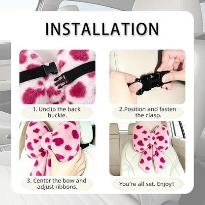 Sexysamba 2 Pcs Plush Bow Car Headrest Neck Pillow Cute Bow Pillow for Car Seat Décor Soft Neck Support for Comfortable Driving Traveling Office Fluffy Head Rest Cushion, Pink Heart Print