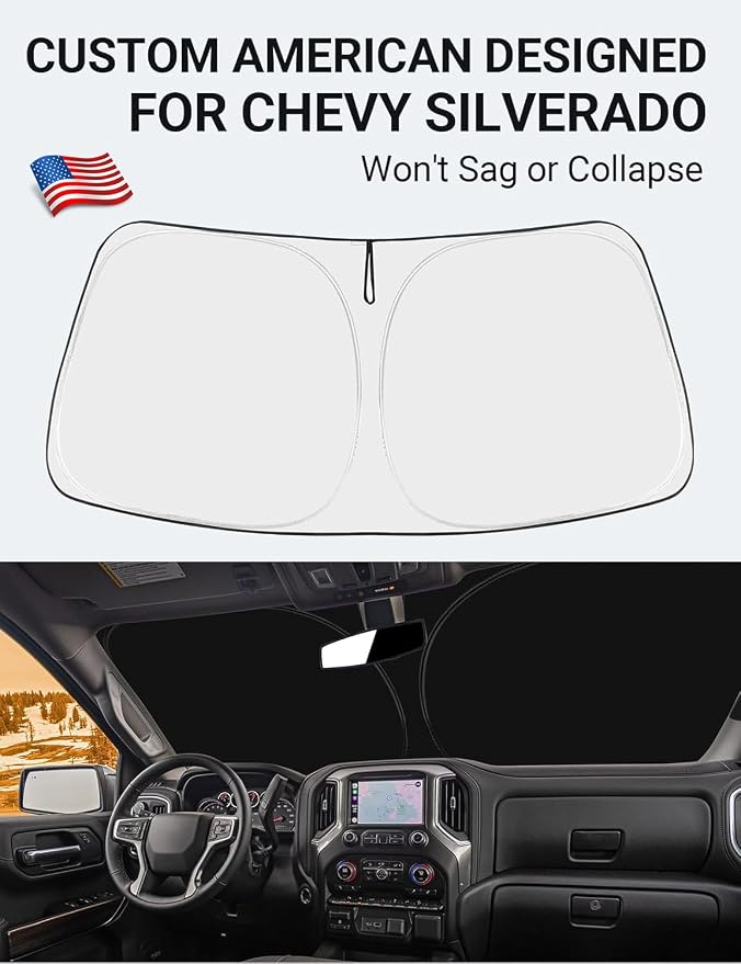 Proadsy Windshield Sun Shade Custom Fit Chevy Silverado 1500 2Dr 4Dr 2019-2024 2025 2026 4-Layer Foldable Front Sunshade Protector Sun Visor Blocks UV Rays Keep Car Cooler Accessories
