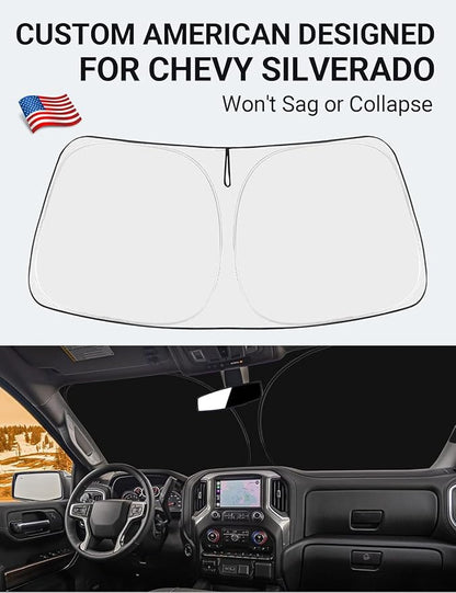 Proadsy Windshield Sun Shade Custom Fit Chevy Silverado 1500 2Dr 4Dr 2019-2024 2025 2026 4-Layer Foldable Front Sunshade Protector Sun Visor Blocks UV Rays Keep Car Cooler Accessories