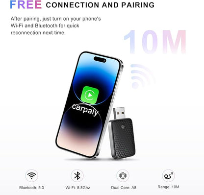 REYTID Wireless CarPlay Adapter for iPhone,Apple car Play Adapter Dongle,Convert Wired to Wireless,Plug & Play,Mini USB Design, No Delay & Stable Control for Apple iOS 10+