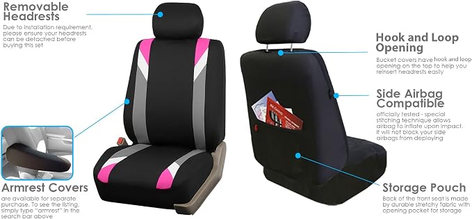 FH Group Front Set Cloth Car Seat Covers for Low Back Car Seats with Removable Headrest, Universal Fit, Airbag Compatible Seat Cover for SUV, Sedan, Van, Pink