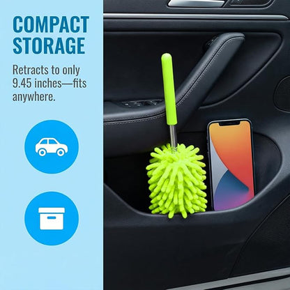 2PCS Car Interior Duster with Extension Pole, 9.45" to 28.35" Microfiber Soft Vehicle Dash Dusting Detailing Wash Brushes, Automotive Dash Cleaning Tool, Universal for SUV RV Truck (Green)
