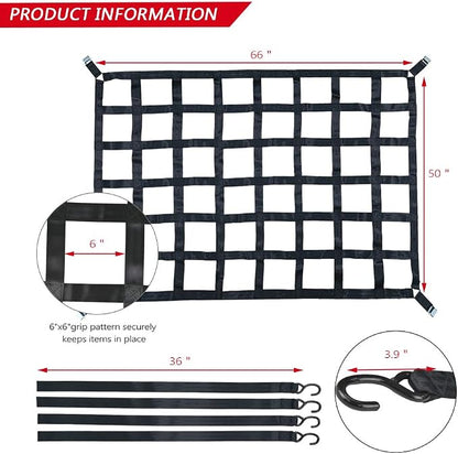 Surmountway Heavy Duty Cargo Net - 66" x 50", 1100LBS Capacity, Adjustable Cam Buckles & S-Hooks, Fits Pickup Truck & Trailer Beds