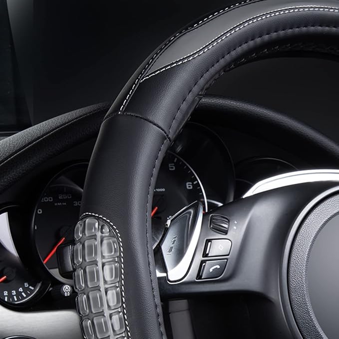 Flying Banner car Steering Wheel Cover Gel Massage Velvet Cool Warm Universal Size 15 inches SUV Truck Anti Slip Odorless Summer Winter (Black Gray, Gel Massage)