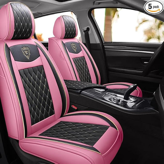 SanQing Car Seat Covers Full Set, Super Luxurious Heavy Universal Duty Waterproof Leather Automotive Vehicle Cover for Cars SUV Pick-up Truck, Non-Slip Seat Pink Car Accessories(Pink Black