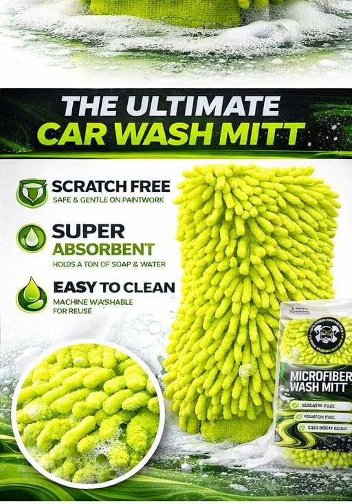 Never Ride Stock Microfiber Car Wash Mitt – Scratch-Free Chenille, Extra Thick & Ultra Absorbent – Safe for Black & Dark Paint – Lint-Free, Reusable Auto Cleaning Glove