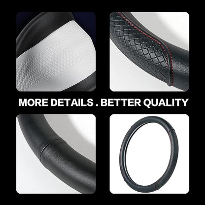 Steering Wheel Cover - Microfiber Leather, Classic Embossing, Anti-Slip Breathable, Fit 15 Inch (Black & Red Line)