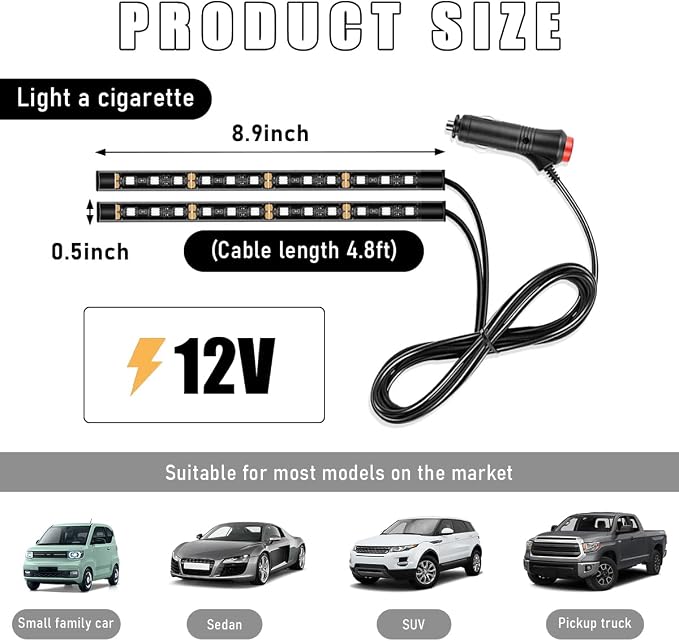 Wevdn Car Interior LED Strip Light, 12V 24 LED Neon Ambient Night Light with Cigarette Lighter Plug, Automotive Atmosphere Decorative Under Dash Lighting Kit, Car Accessories (Ice Blue)