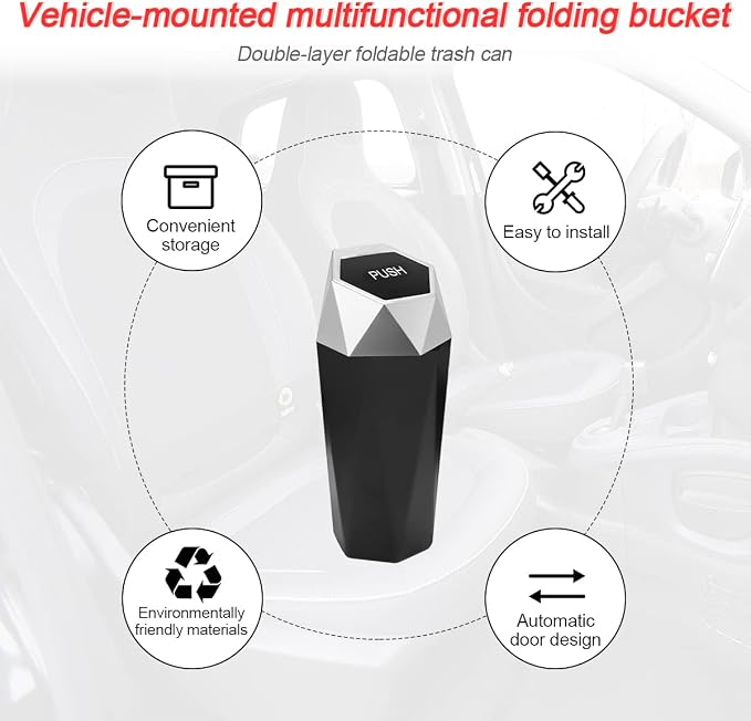 2PCS Car Trash Can with Lid, Mini Portable Auto Garbage Can, Small Leakproof Diamond Design Trash Dustbin, Waterproof Vehicle Rubbish Bins for Automotive Car, Home, Office, Kitchen, Bedroom (Silver,2)