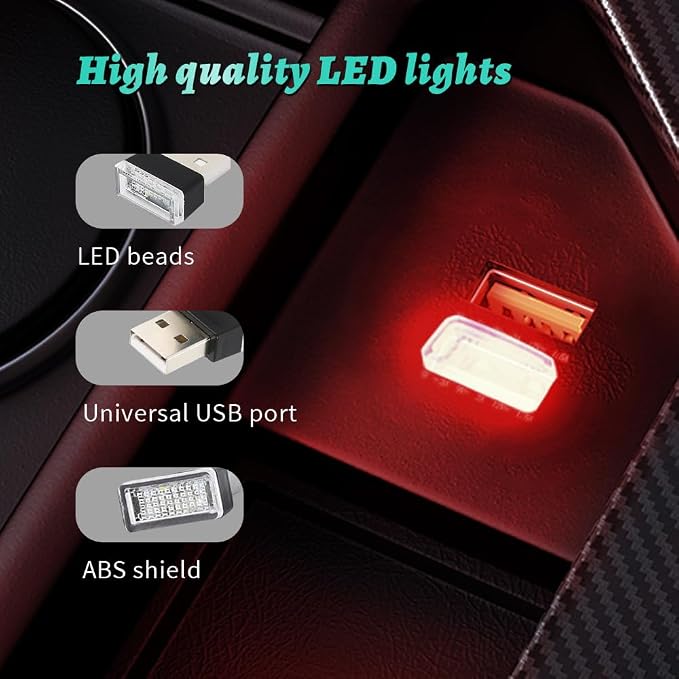 4PCS USB LED Car Interior Atmosphere Lamp, Plug-in USB Decor Night Light, Portable Auto Ambient Lighting Kit, Universal Vehicle Interior Accessories Mini USB LED Light for Most Cars (2Red+2ice Blue)