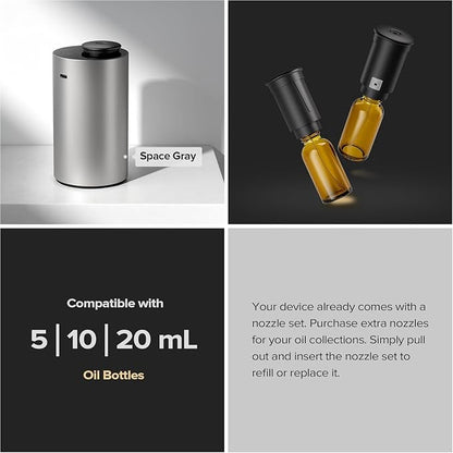 Waterless Essential Oil Diffuser for HomeAromatherapy Scent Diffusers with 3Countdown Timer Settings or Timer-Off, 3Mist Levels for Car Room Studio Office,Premium Metal Black and Silver 2 Pack