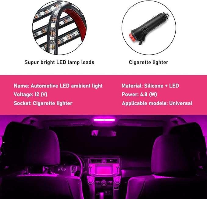 Car LED Strip Light, 24 LEDs RGB Neon Interior Atmosphere Lights, 12V Under Dash Ambient Night Light, Cigarette Lighter Auto Interior Decorative Lamp, Car Accessories (Pink Purple)
