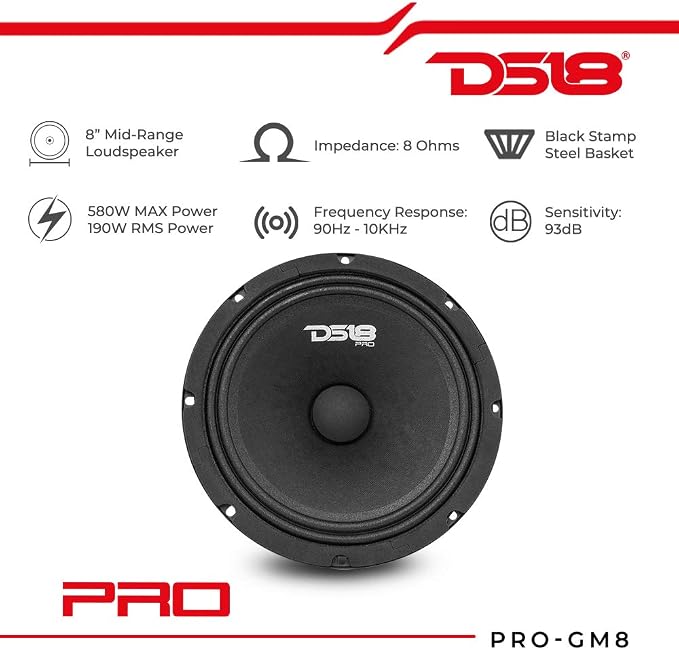 DS18 PRO-GM8 Loudspeaker - 8", Midrange, Black Steel Basket, 580W Max, 190W RMS, 8 Ohms - Premium Quality Audio Door Speakers for Car or Truck Stereo Sound System (1 Speaker)