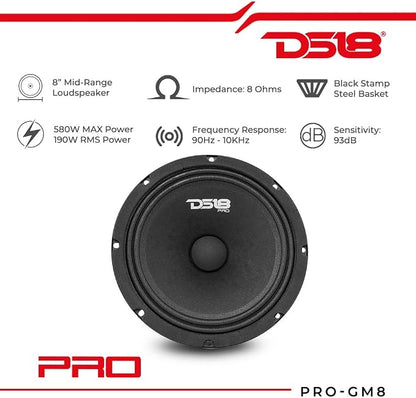 DS18 PRO-GM8 Loudspeaker - 8", Midrange, Black Steel Basket, 580W Max, 190W RMS, 8 Ohms - Premium Quality Audio Door Speakers for Car or Truck Stereo Sound System (1 Speaker)