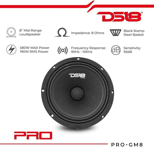 DS18 PRO-GM8 Loudspeaker - 8", Midrange, Black Steel Basket, 580W Max, 190W RMS, 8 Ohms - Premium Quality Audio Door Speakers for Car or Truck Stereo Sound System (1 Speaker)
