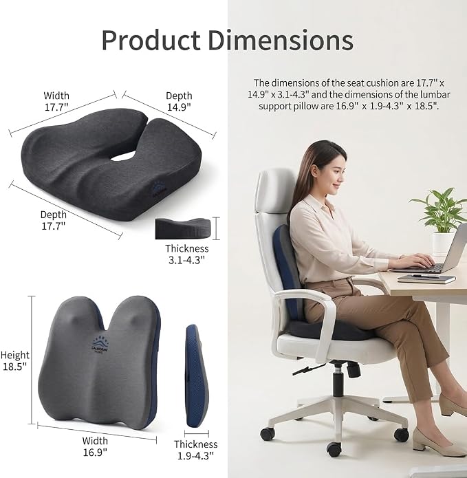 Seat Cushion & Lumbar Support Pillow Set for Office Chair, Memory Foam Seat Cushion with Adjustable Strap, Comfort Support Cushions for Office Chair, Car and Wheelchair (Dark Grey)