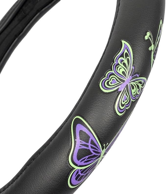 BDK GripGrab Comfort Grip - Purple & Green Butterflies on Black Synthetic Leather Steering Wheel Cover 15 inch