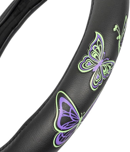 BDK GripGrab Comfort Grip - Purple & Green Butterflies on Black Synthetic Leather Steering Wheel Cover 15 inch