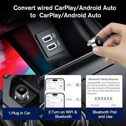 2-in-1 Wireless CarPlay Adapter for iPhone ＆ Wireless Android auto Adapter, Plug and Play USB/USB C Connection, Apple Car Play Wireless Adapter for iOS/Android