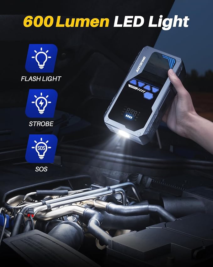AUTOONE JWA2 Jump Starter with Air Compressor (All Gas/12L Diesel), 150PSI Car Jumper Starter Portable, Jump Box Tire Inflator with LED Flashlight, LCD Display, Storage Case
