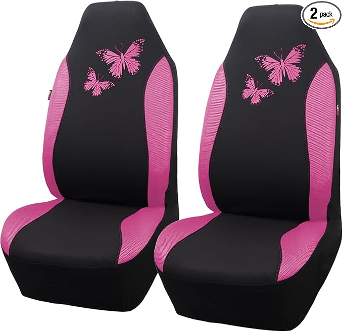 Flying Banner Butterfly car seat Covers ful Set Fashion Universal Lady Woman Female Rear Bench Split Colorized (2 Fronts, Pink)