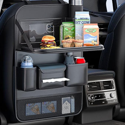 2 Pack Leather Car Backseat Organizer with Foldable Table Tray, Universal Car Seat Back Protector Kick Mat with Touchscreen Tablet Holder, Storage Pockets, Cup Holders & Tissue Holder, Black