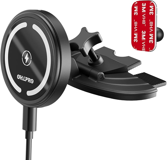 OHLPRO 15W Magsafe Car Mount Charger for iPhone 17, Fast Wireless Charging Magnetic CD Slot Holder with 3M Adhesive Base for Dashboard, Aluminum Shell, Compatible with iPhone 16 15 14 Series, Jetblack