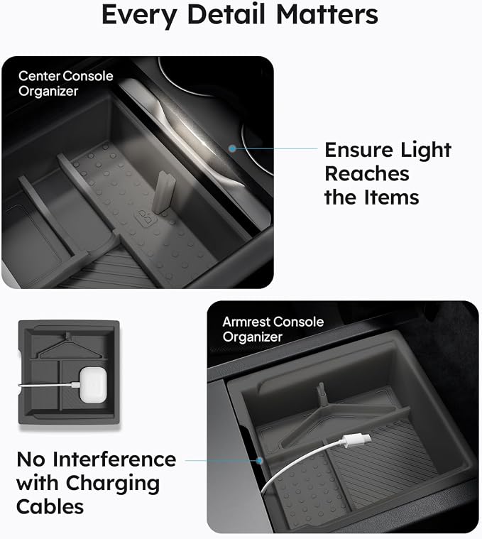 Wigoo Center Console Organizer for Tesla Model Y Juniper (Only Premium & Performance 2025 2026) and All Model 3 Highland Accessories [Double-Layer Storage, Smooth Sliding] 4PCS Gray
